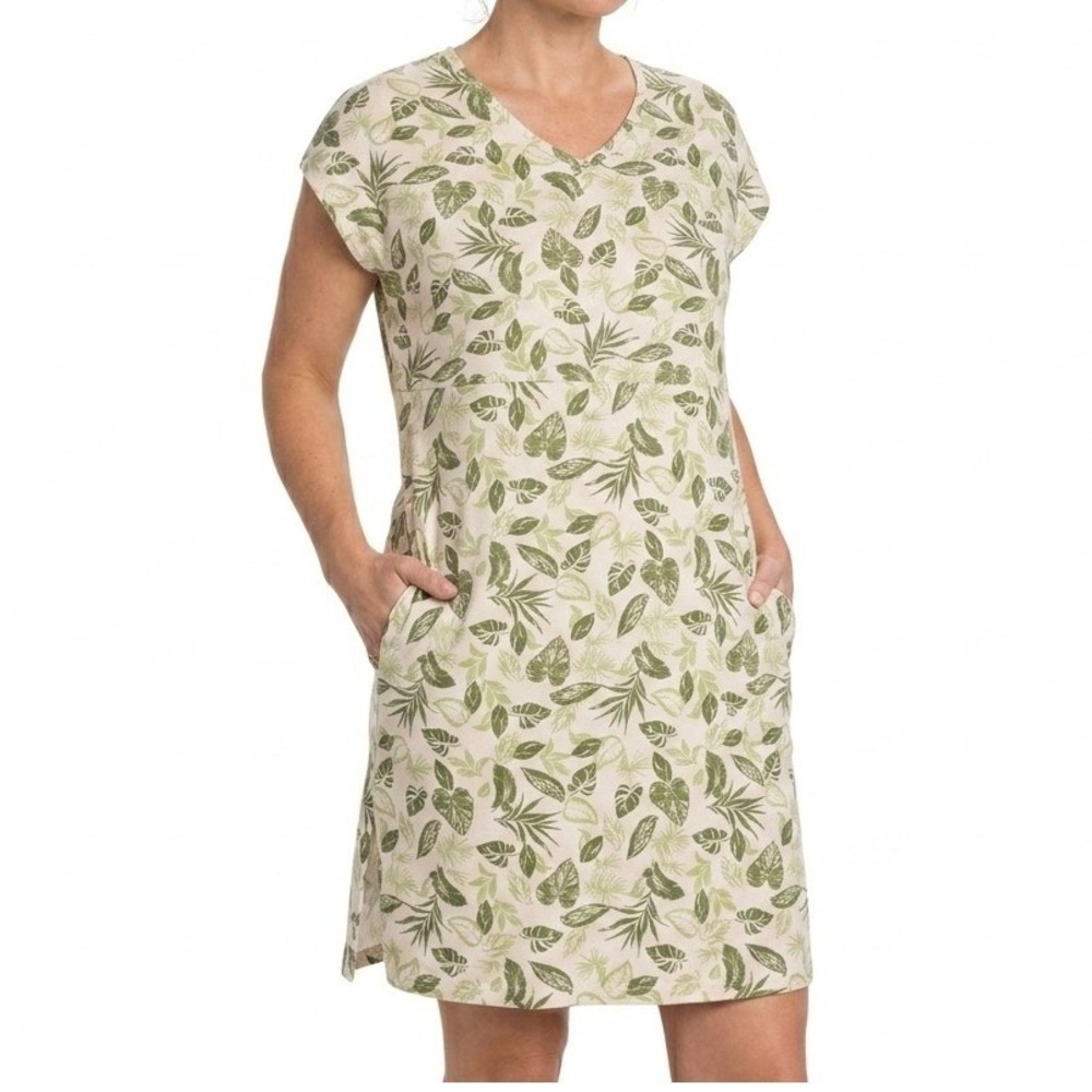 Muk Luks Nightgown Sz Large Green Tropical Leaf Print‎ V-Neck Pockets Soft